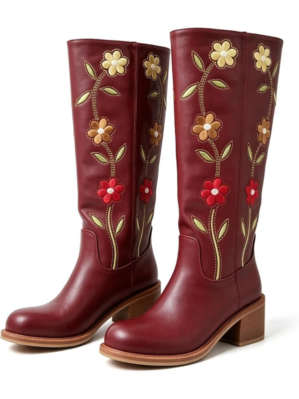 Women's Burgundy Floral Embroidered Western Mid Calf Square Heel Cowgirl Boots - Picture 4 of 6